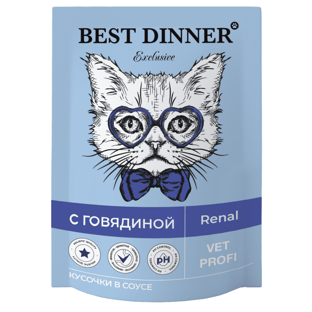 Корм для кошек Best Dinner Exclusive Vet Profi Renal кусочки в соусе с говядиной пауч 85г корм для кошек best dinner мясные деликатесы суфле индейка пауч 85г