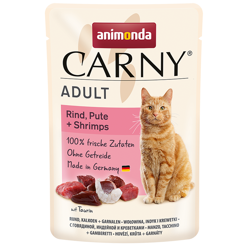 

Корм для кошек Animonda, Carny Adult говядина, индейка, креветки пауч 85г