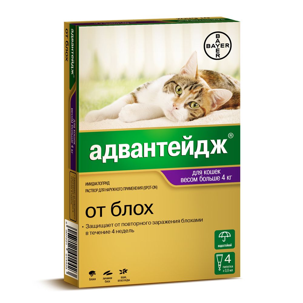

Капли для кошек BAYER ADVANTAGE от блох 80 (4-8кг веса) 4 пипетки, ADVANTAGE от блох 80 (4-8кг веса) 4 пипетки