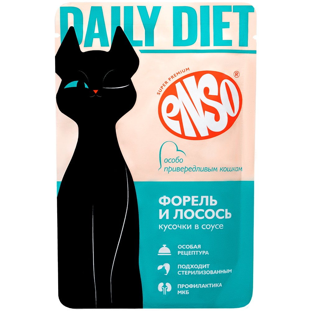 Корм для кошек ENSO Daily Diet для привередливых, кусочки в соусе с форелью и лососем пауч 85г