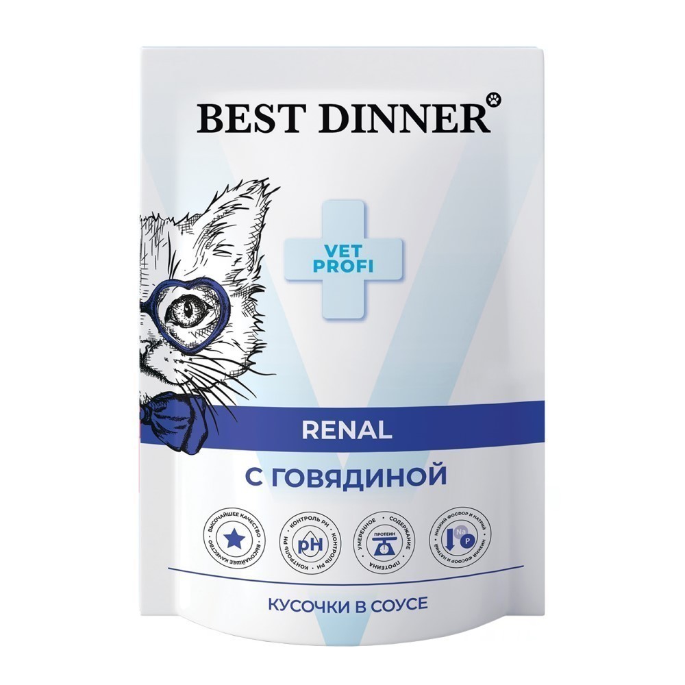 Корм для кошек Best Dinner Exclusive Vet Profi Renal кусочки в соусе с говядиной пауч 85г 98₽