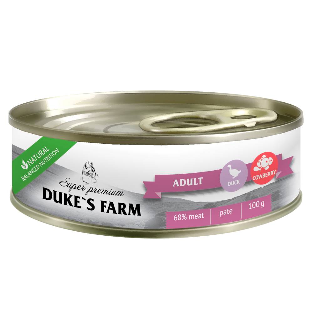 цена Корм для кошек DUKE'S FARM из утки с брусникой и шпинатом 100г