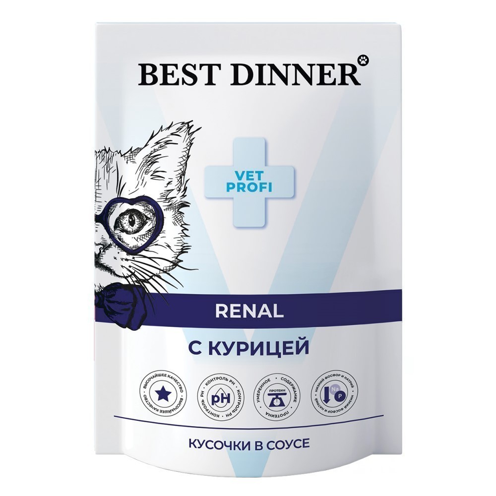 Корм для кошек Best Dinner Exclusive Vet Profi Renal кусочки в соусе с курицей пауч 85г 118₽