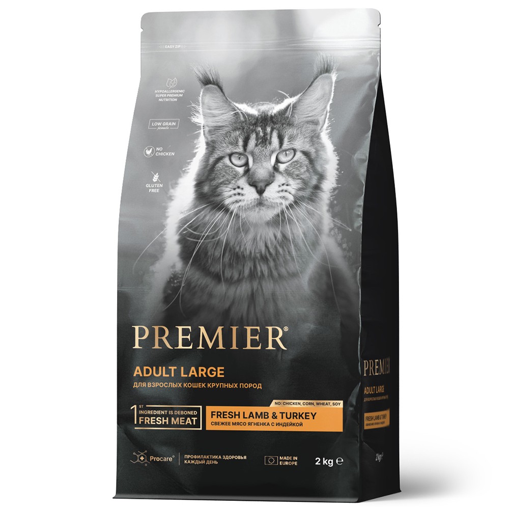 Корм для кошек PREMIER Cat Adult Large для крупных пород, свежее мясо ягненка с индейкой сух. 2кг