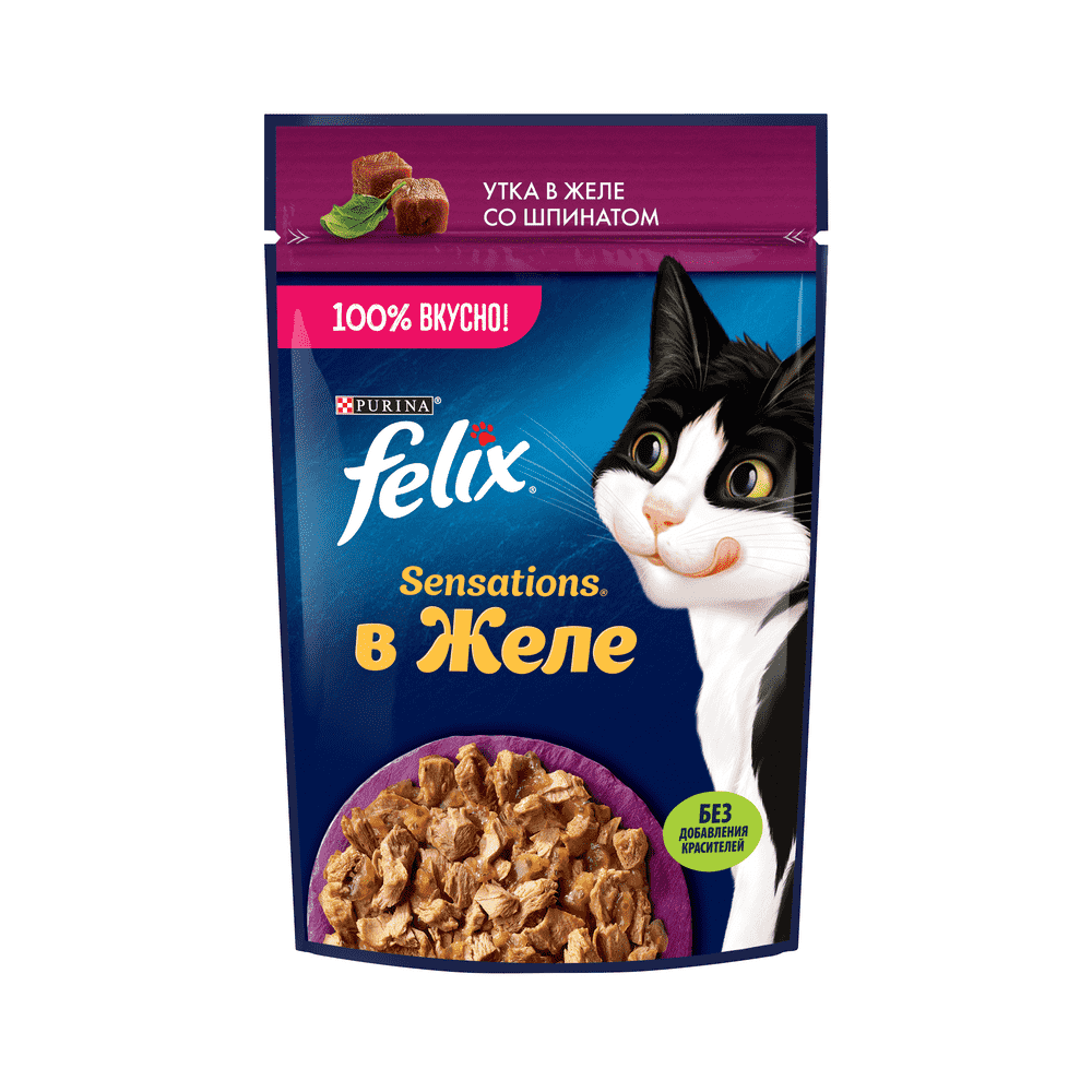 Корм для кошек FELIX Sensations Желе утка со шпинатом пауч 75г корм для кошек felix природа вкуса лосось пауч 75г