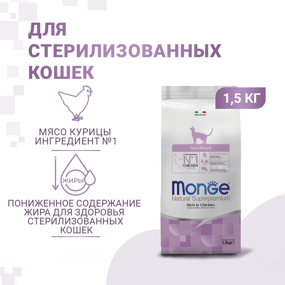 цена Корм для кошек Monge Cat Sterilized для стерилизованных кошек сух. 1,5кг
