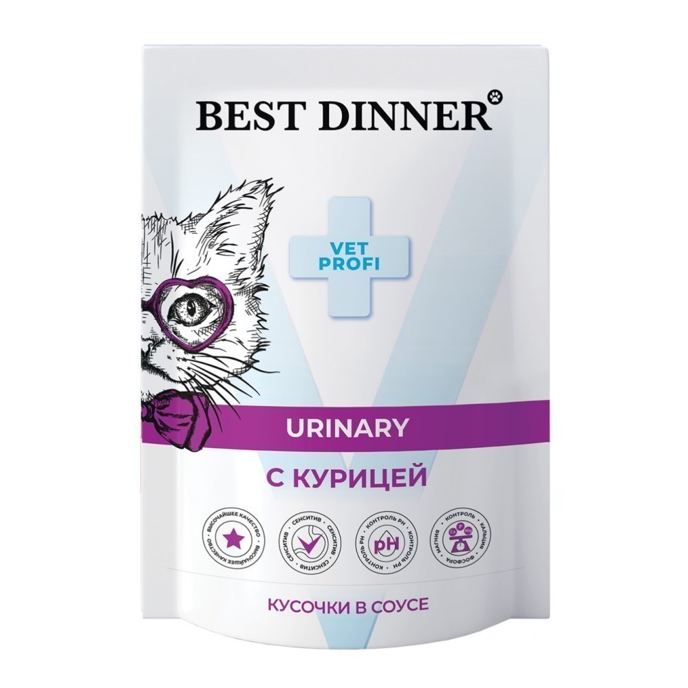 Корм для кошек Best Dinner Exclusive Vet Profi Urinary кусочки в соусе с курицей пауч 85г 118₽