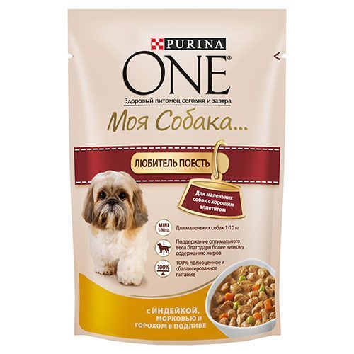 

Корм для собак PURINA ONE Моя Собака индейка, морковь, горох, конс. пауч 100г, ONE Моя Собака индейка, морковь, горох, конс. пауч 100г