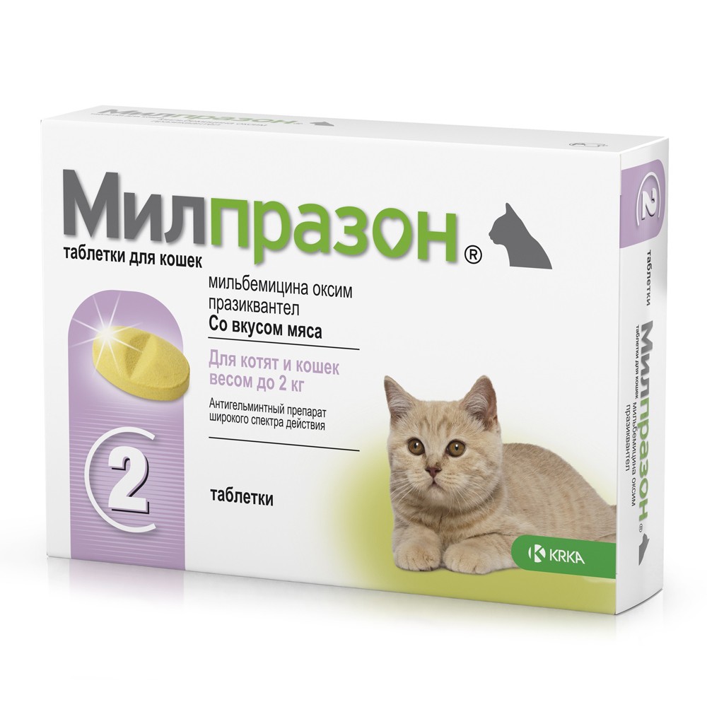 Антигельминтик для котят и кошек KRKA Милпразон, 2 таблетки антигельминтик для котят apicenna празицид плюс 5мл