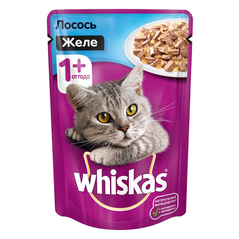 

Корм для кошек Whiskas желе с лососем конс. 85г, желе с лососем конс. 85г