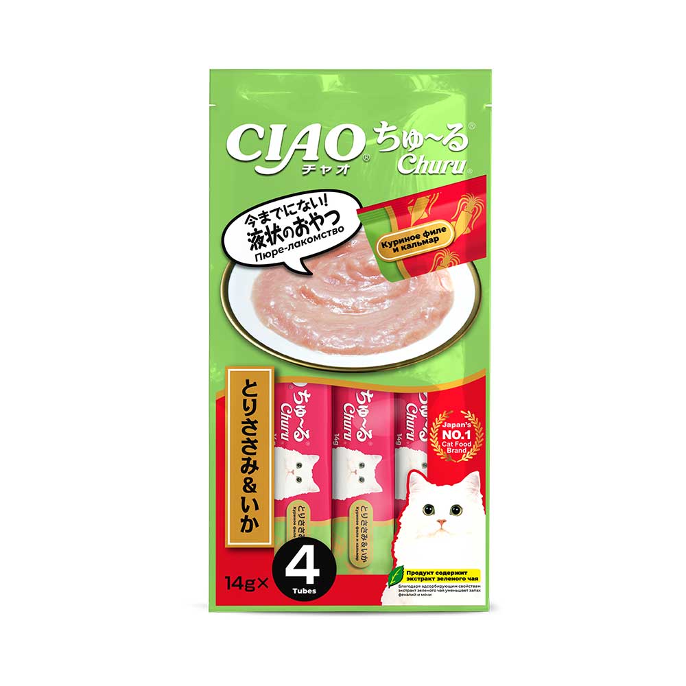 Лакомство для кошек INABA Ciao Churu Куриное филе с кальмаром пюре 14гх4 фото