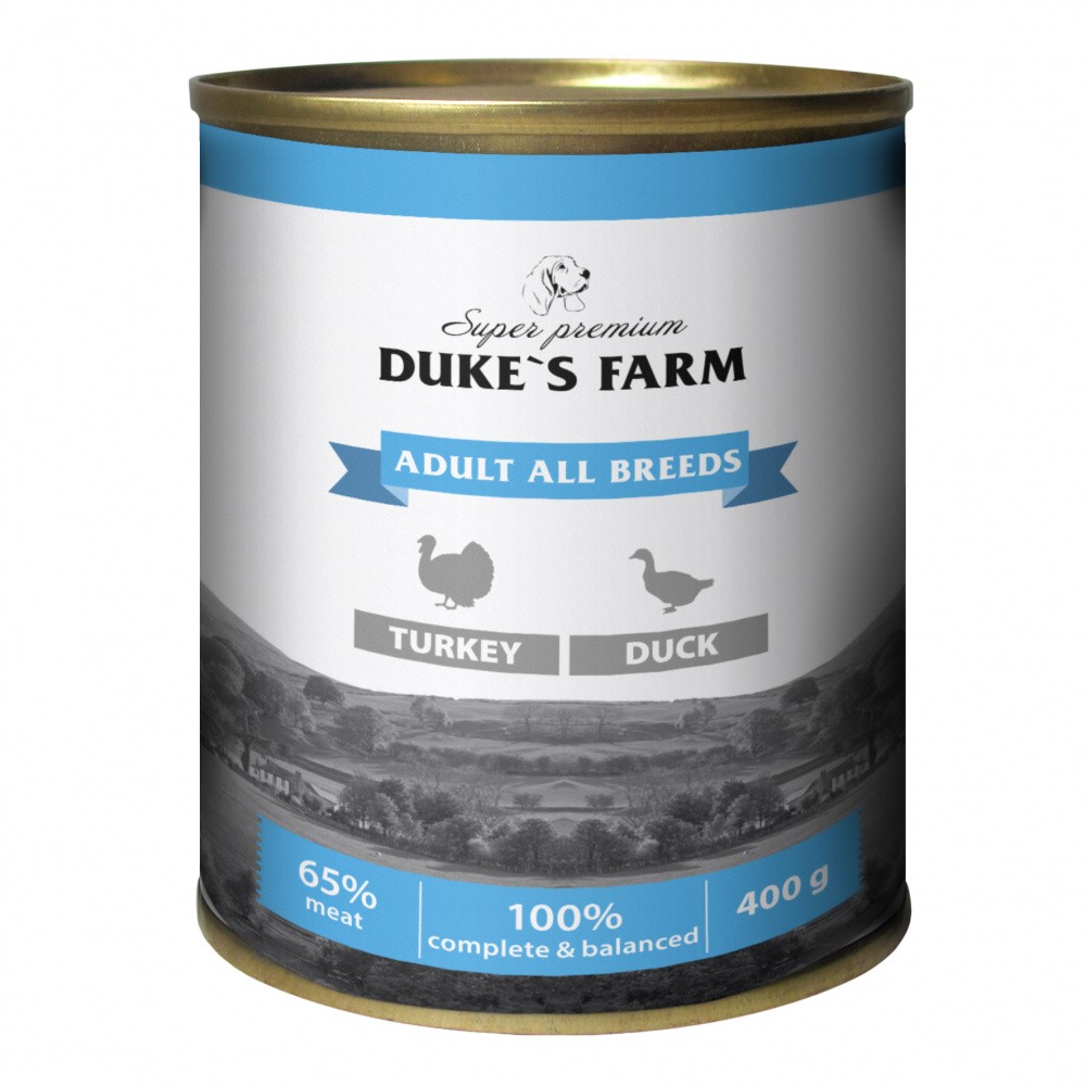 цена Корм для собак DUKE'S FARM Паштет из индейки с уткой банка 400г